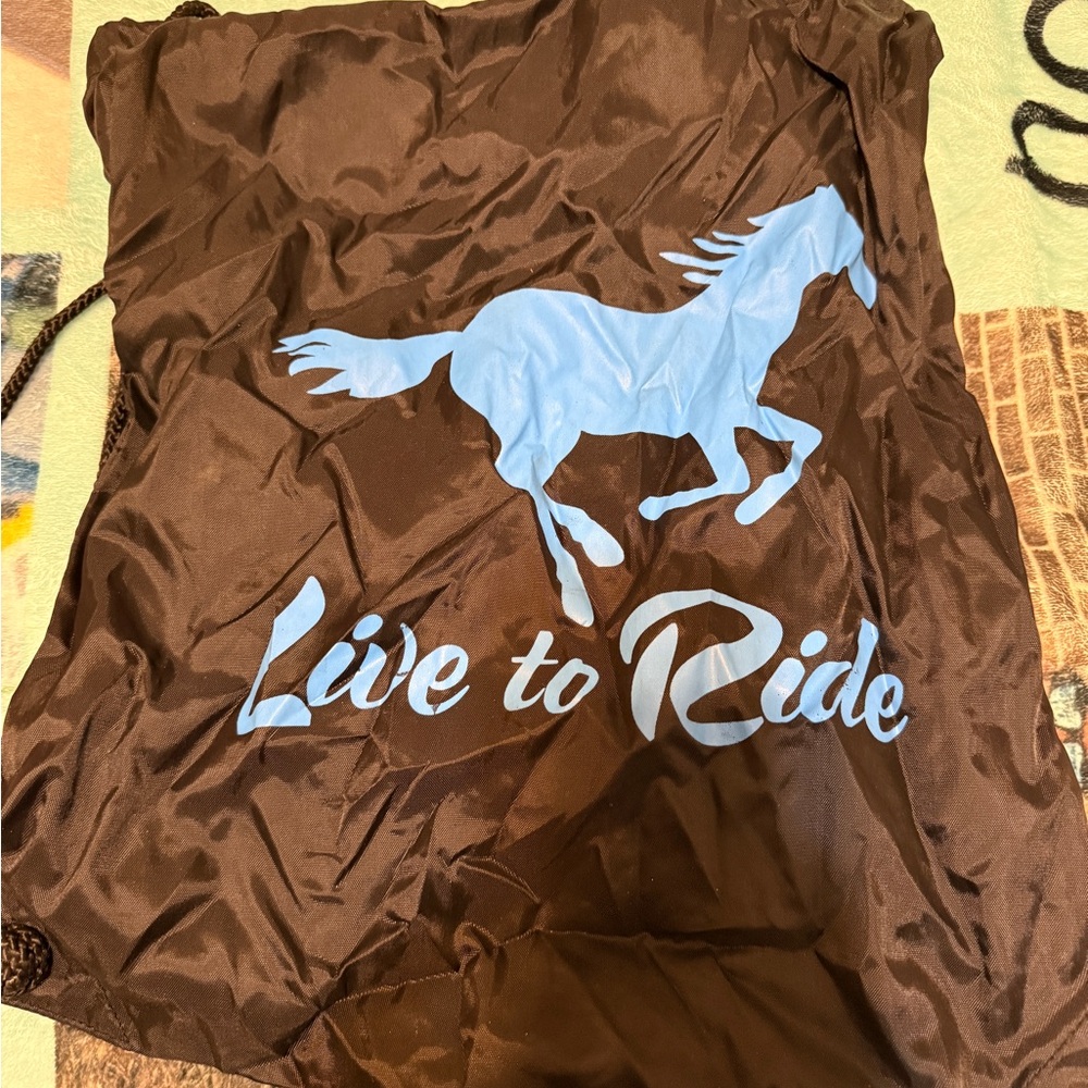 Brown Drawstring Bag with Blue Horse Design